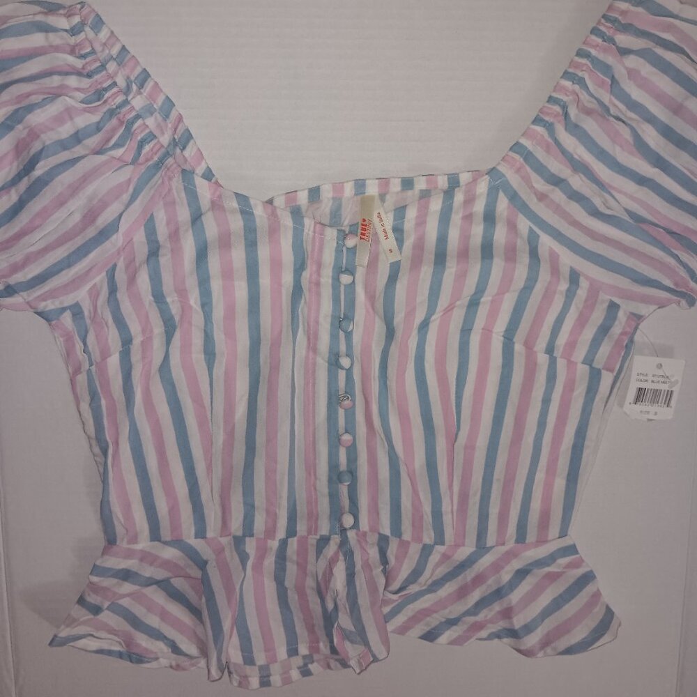 TRUE DESTINY CROPPED SHORT SLEEVE TOP WHITE BLUE PINK SIZE SMALL SPRING SUMMER